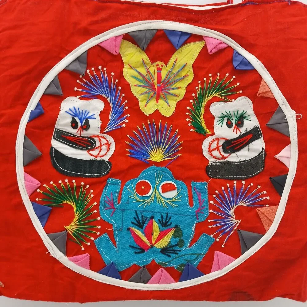 Vintage Bai Jia Bei Chinese Quilt Tote Bag Embroidered Panda Frog Folk Art Purse